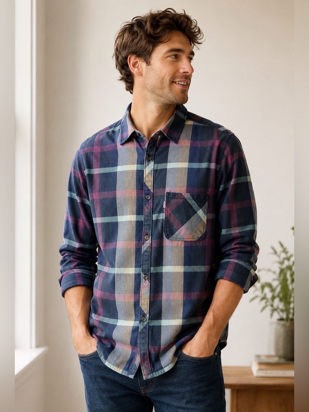 Tentree Plaid Flannel Button Down Shirt Navy Purple Green Size L